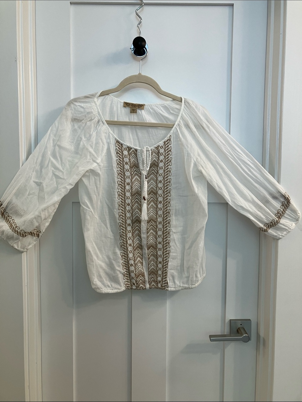 White Embroidered Peasant Blouse with Taupe Accents Nine West Vintage America